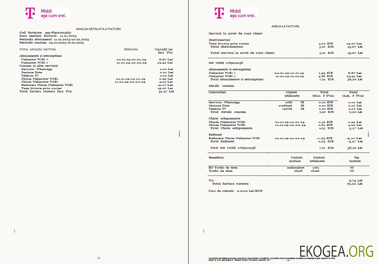 Romania T Mobile utility bill template in Word and PDF formats, 4 pages, 3 4 pages